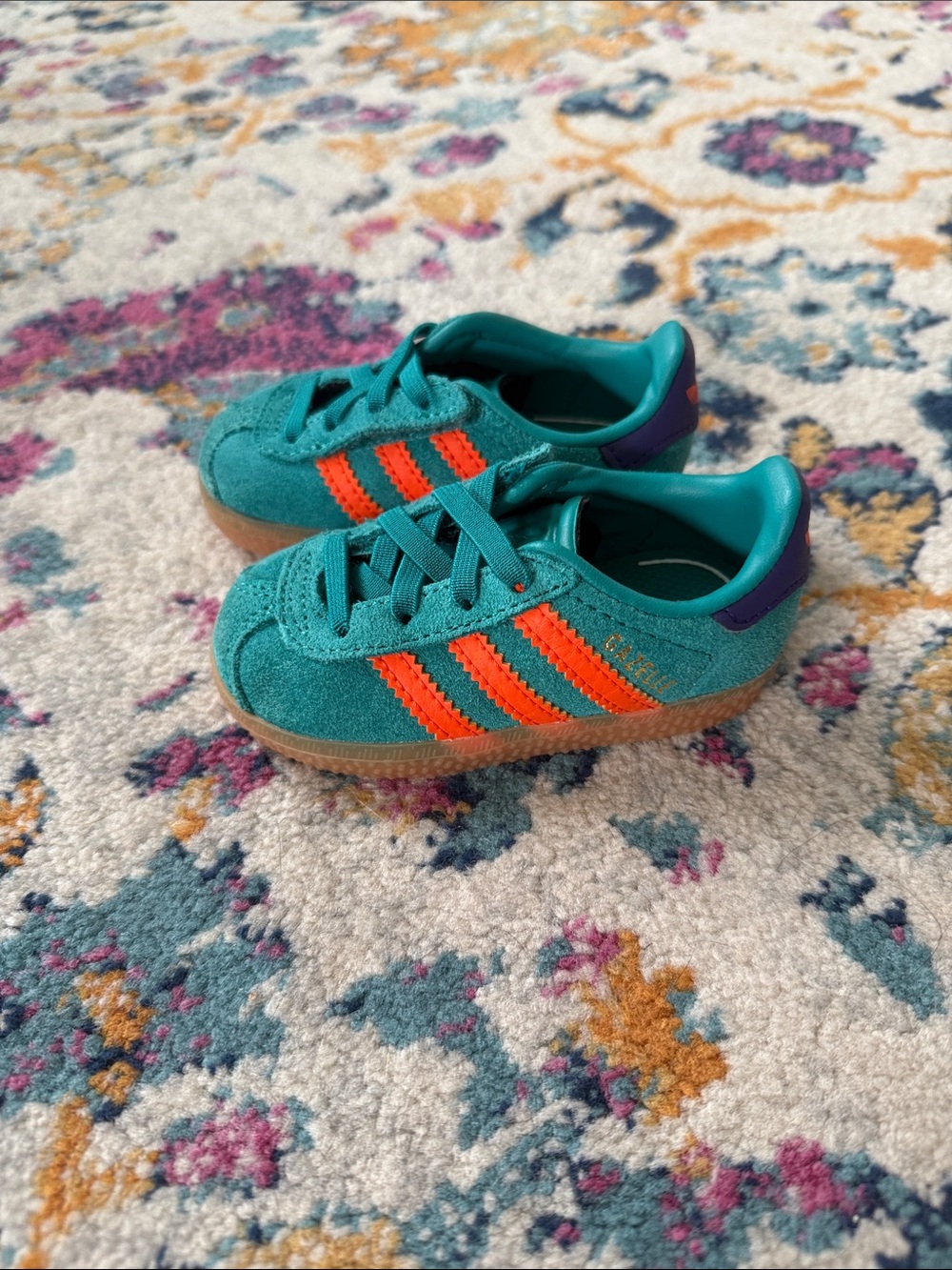 adidas Toddler size 4 Teal Suede Sneakers with Bright Orange Stripes